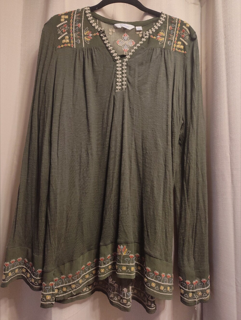Indigo Olive Green Embroidered Peasant Tunic
